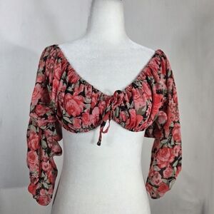 Sundays Floral cropped Off-Shoulder bubble long sleeves  Blouse